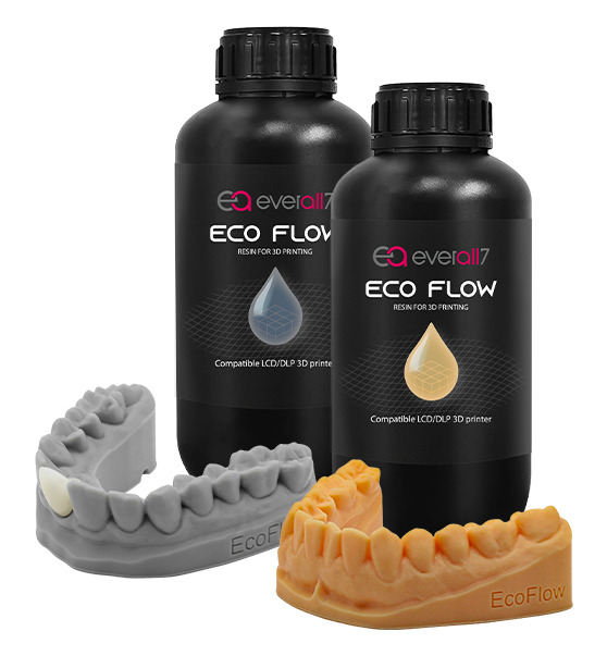 Żywica stomatologiczna Eco Flow do druku 3D z przykładami modeli zębowych